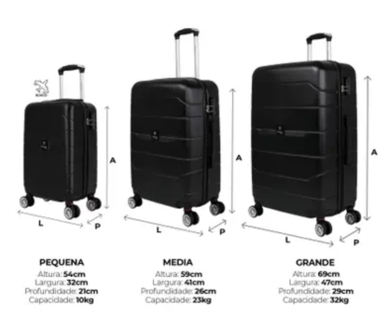Tamanhos de mala: Pequena (54cm), Média (59cm) e Grande (69cm)